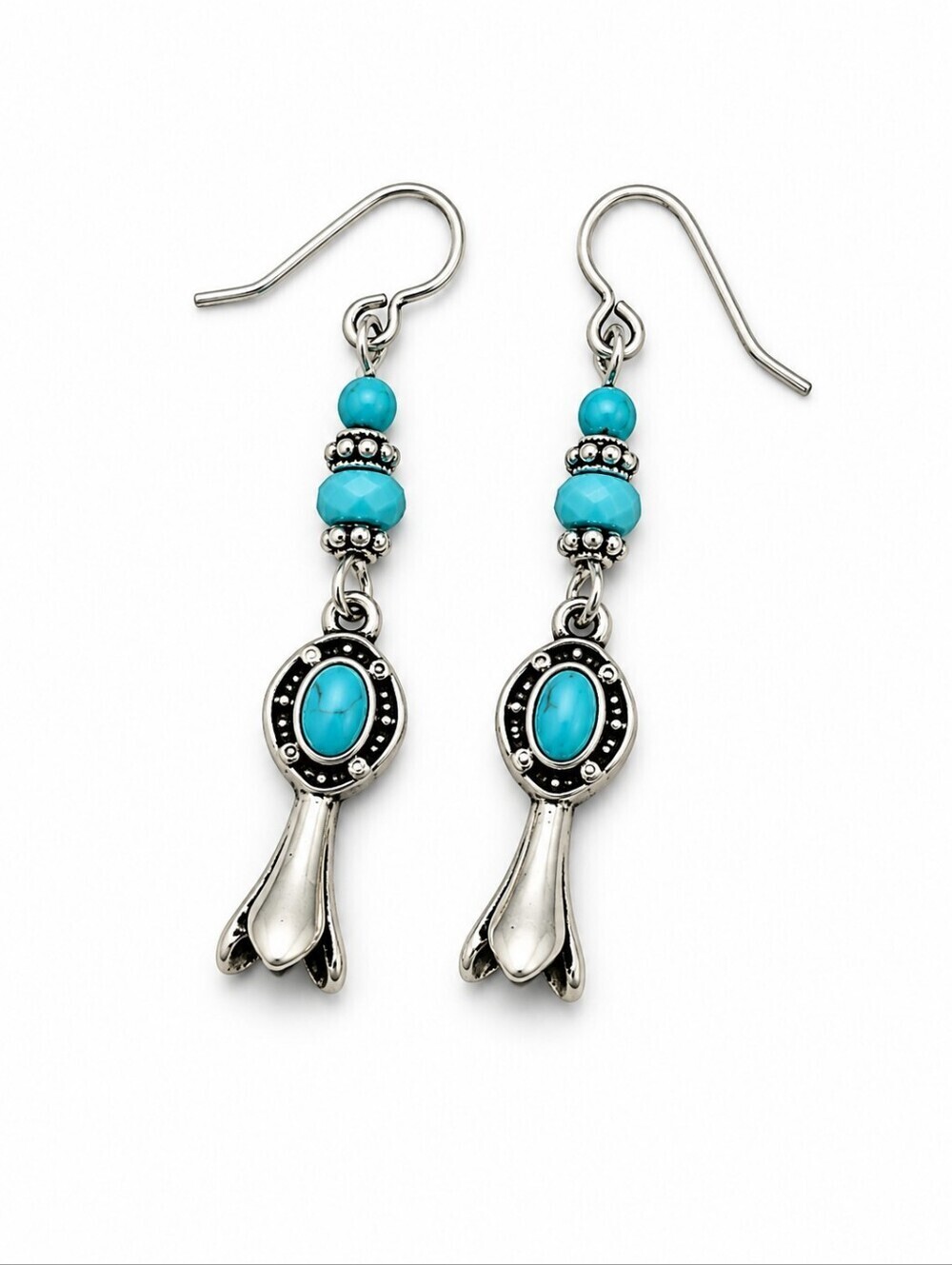 HANDMADE Turquoise Beaded Squash Blossom Western Dangle Hook Earrings